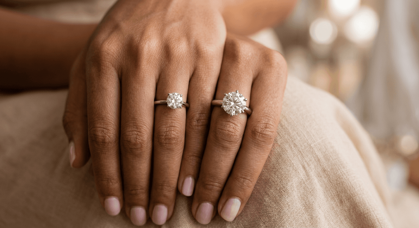One carat vs two carat diamond size comparison on hand showing 6.4mm vs 8.1mm diameter for TheCaratCut price guide