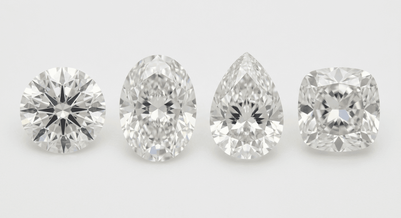 Three carat diamond shapes comparison showing round oval pear and cushion cut sizes for TheCaratCut price guide