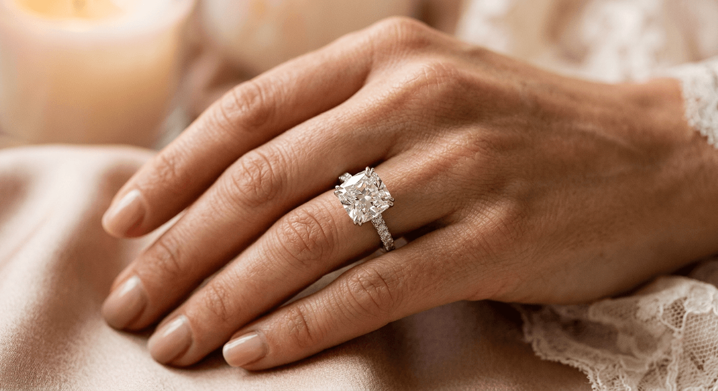 Impressive 4-carat diamond engagement ring on hand showing substantial stone size for TheCaratCut price guide