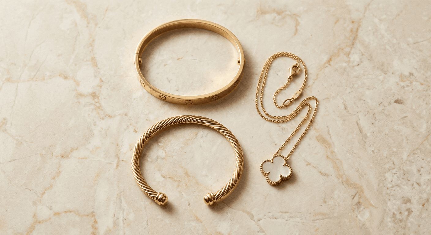 Elegant designer-style jewelry dupes including bracelets and necklaces arranged on marble for TheCaratCut guide