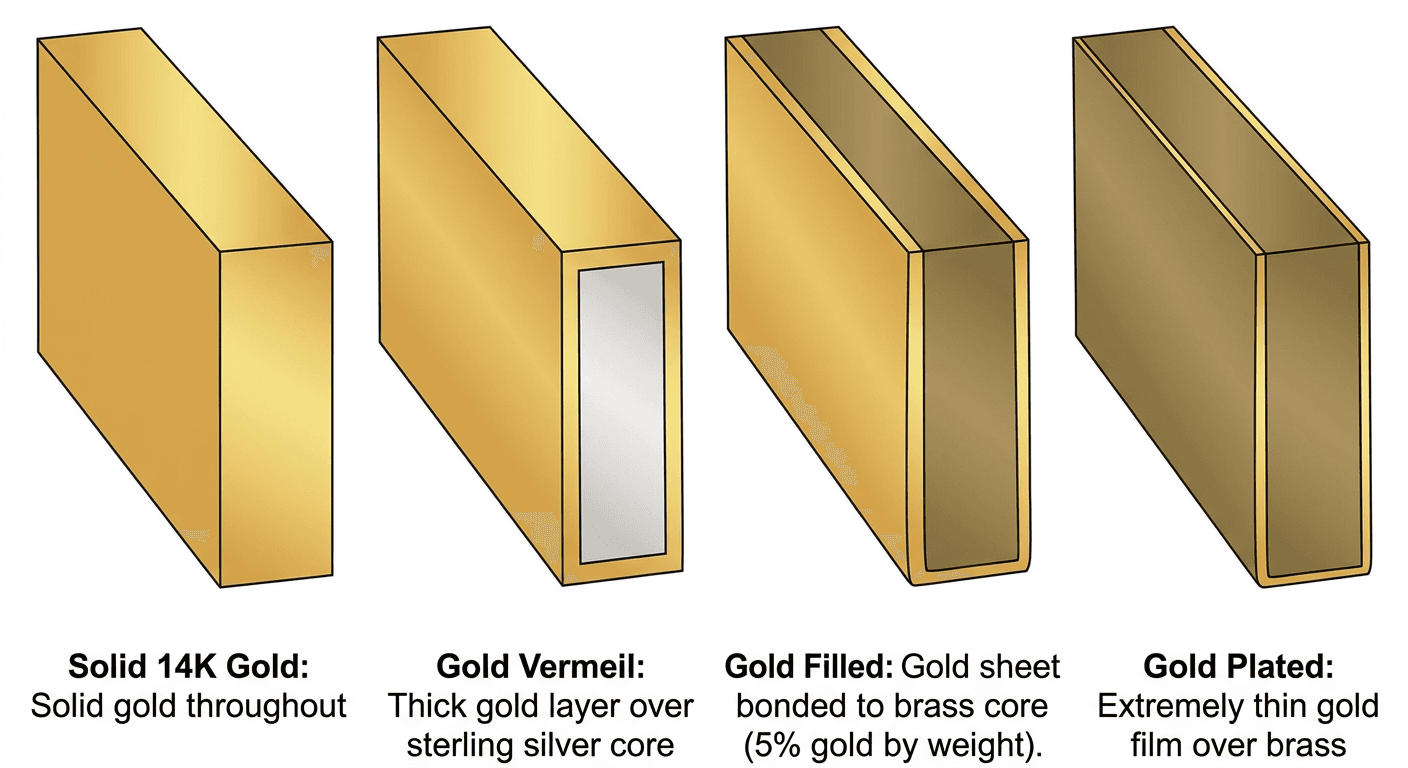 Gold jewelry material comparison cross-section showing solid gold vermeil filled and plated layer differences for TheCaratCut