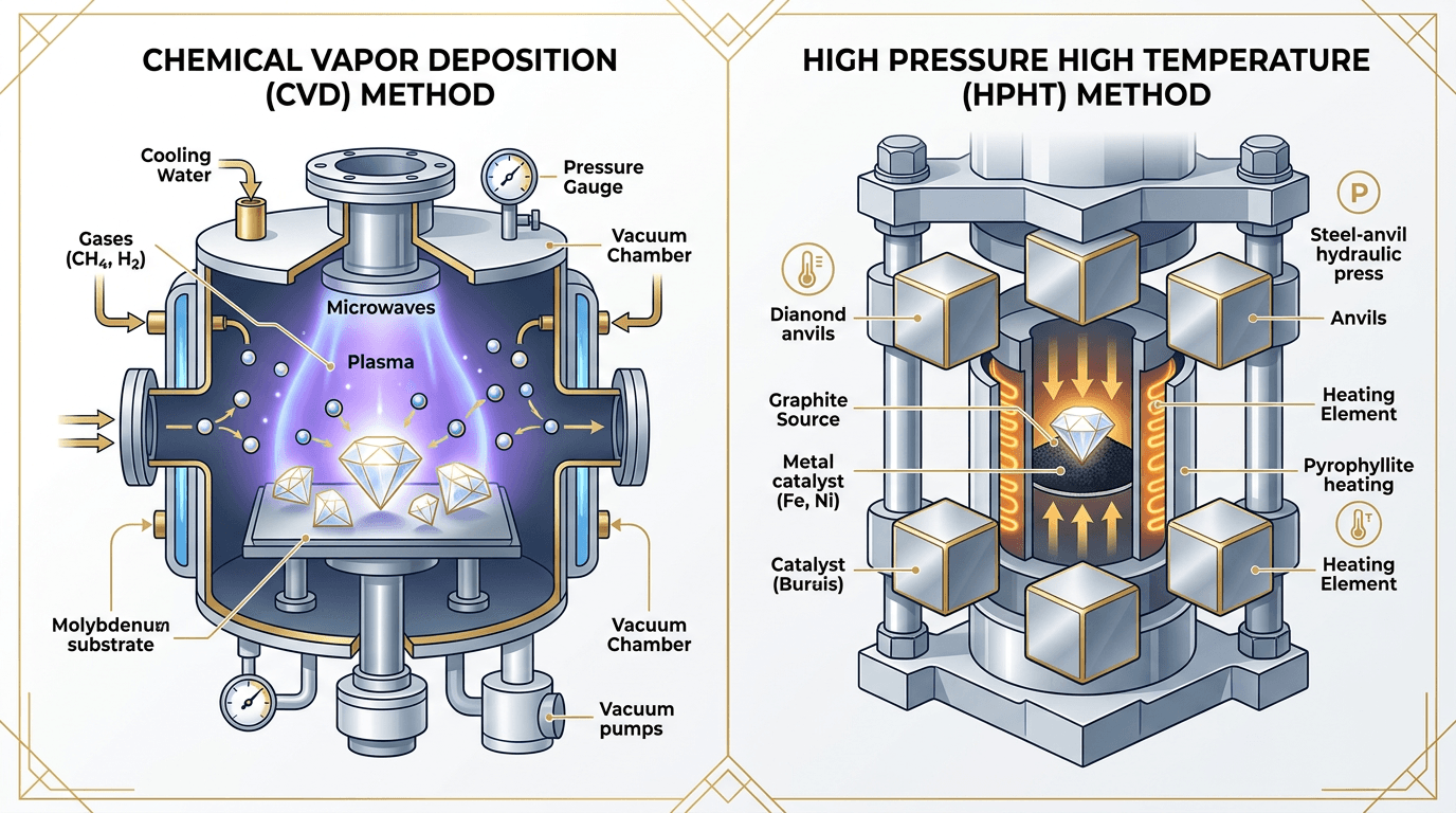 CVD vs HPHT lab diamond creation methods comparison diagram for TheCaratCut lab grown diamond guide