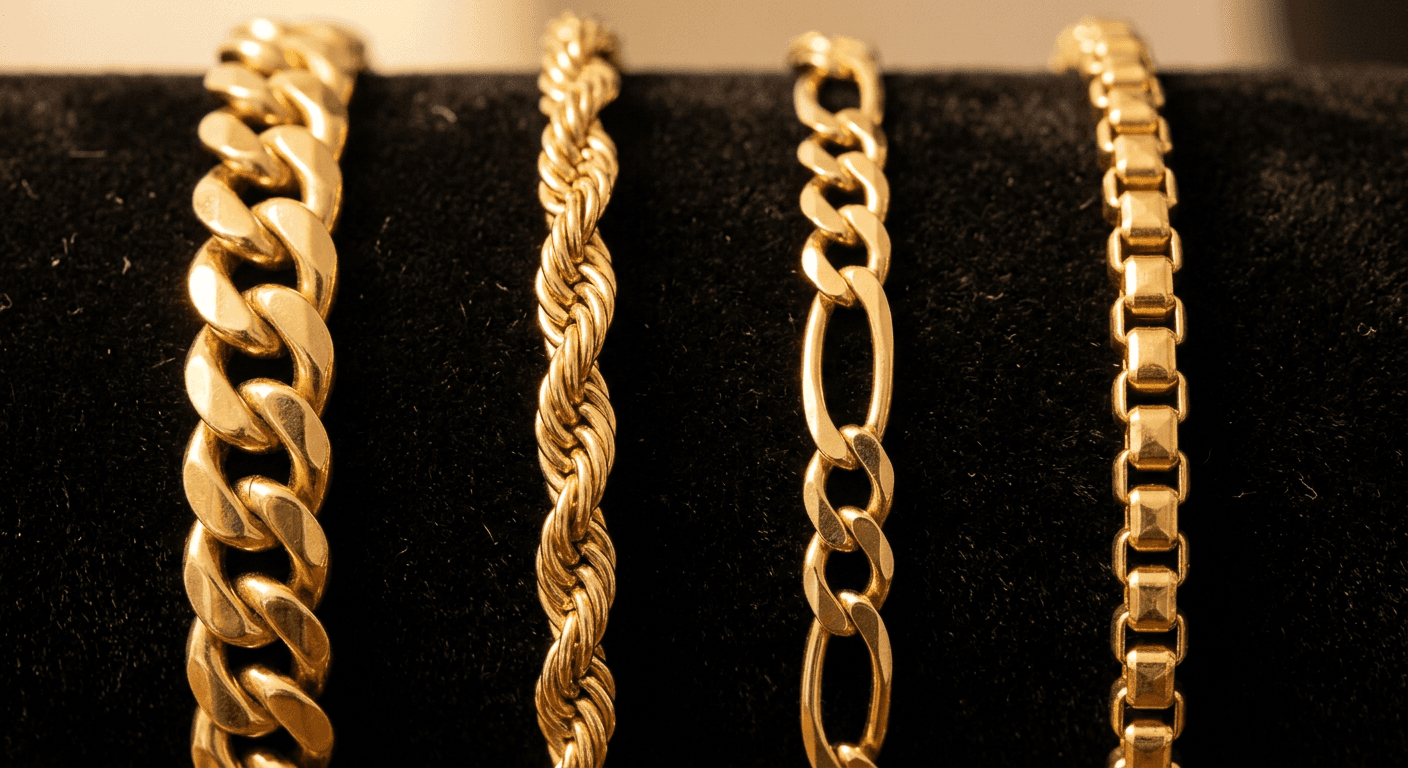 Collection of gold chain styles including Cuban rope and figaro on velvet for TheCaratCut buying guide