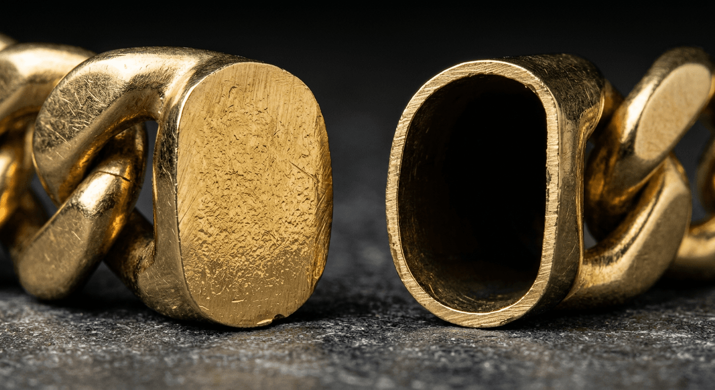 Solid vs hollow gold chain cross-section comparison showing internal structure and weight difference for TheCaratCut