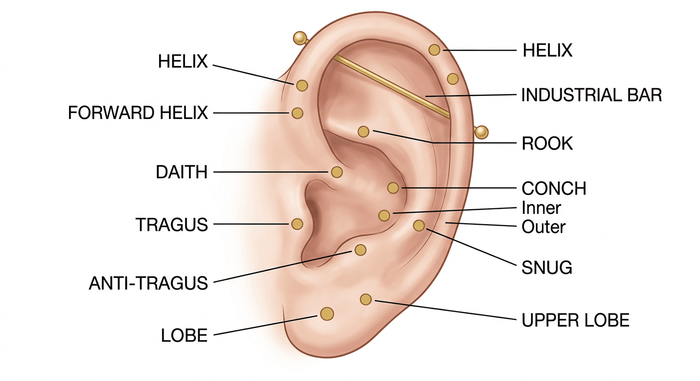 Ear piercing chart showing all piercing positions including helix tragus conch daith rook and lobe locations for TheCaratCut