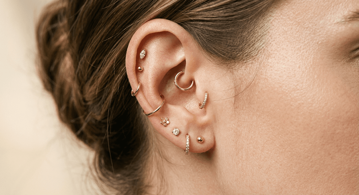 Curated ear with multiple piercings showing helix tragus conch and lobe positions for TheCaratCut piercing chart