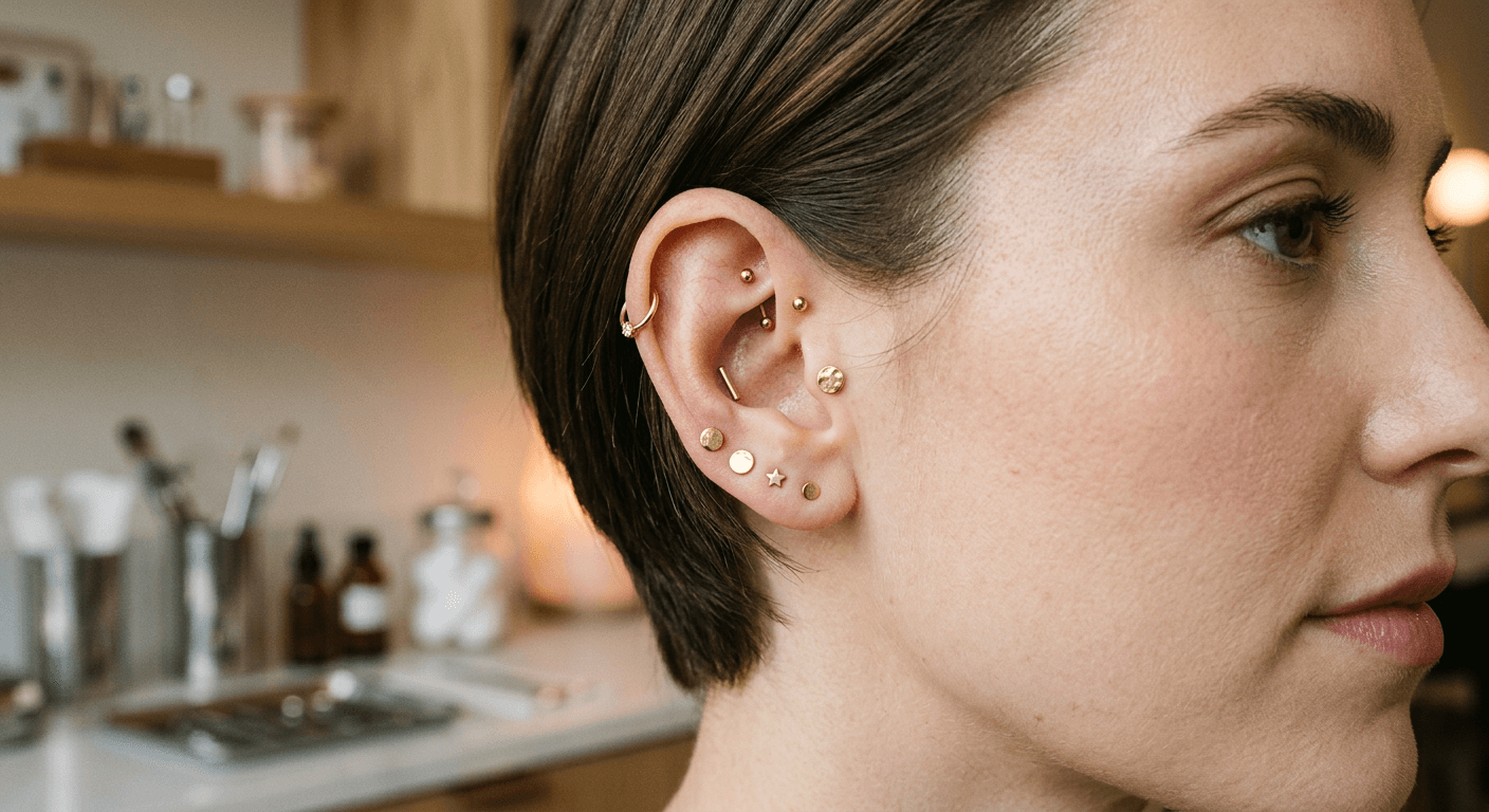 Ear piercing pain levels diagram showing different piercing locations and pain ratings for TheCaratCut guide