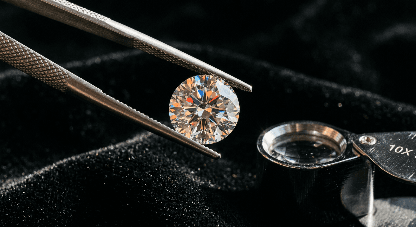 Diamond examined with jewelers loupe and tweezers to test authenticity for TheCaratCut guide