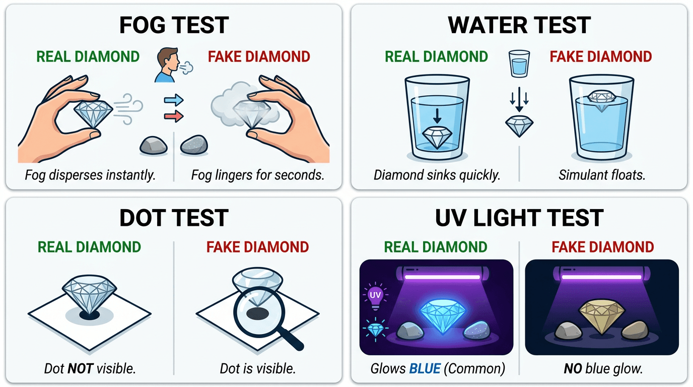 Diamond authenticity test results showing fog water dot and UV test outcomes for real vs fake diamonds on TheCaratCut