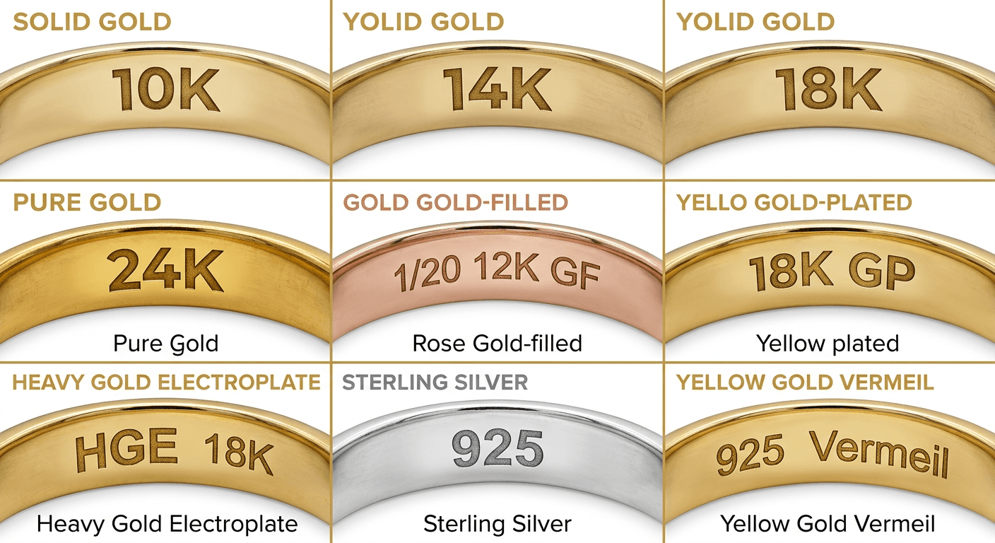 Gold hallmark stamp identification guide showing 10k 14k 18k 24k GF and GP markings for TheCaratCut gold testing guide