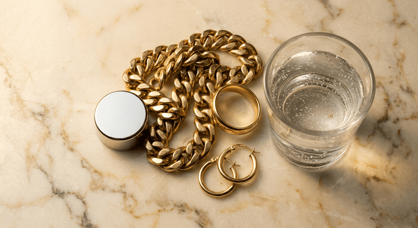 Gold chains and rings with testing tools including magnet and water glass for at-home gold authenticity test
