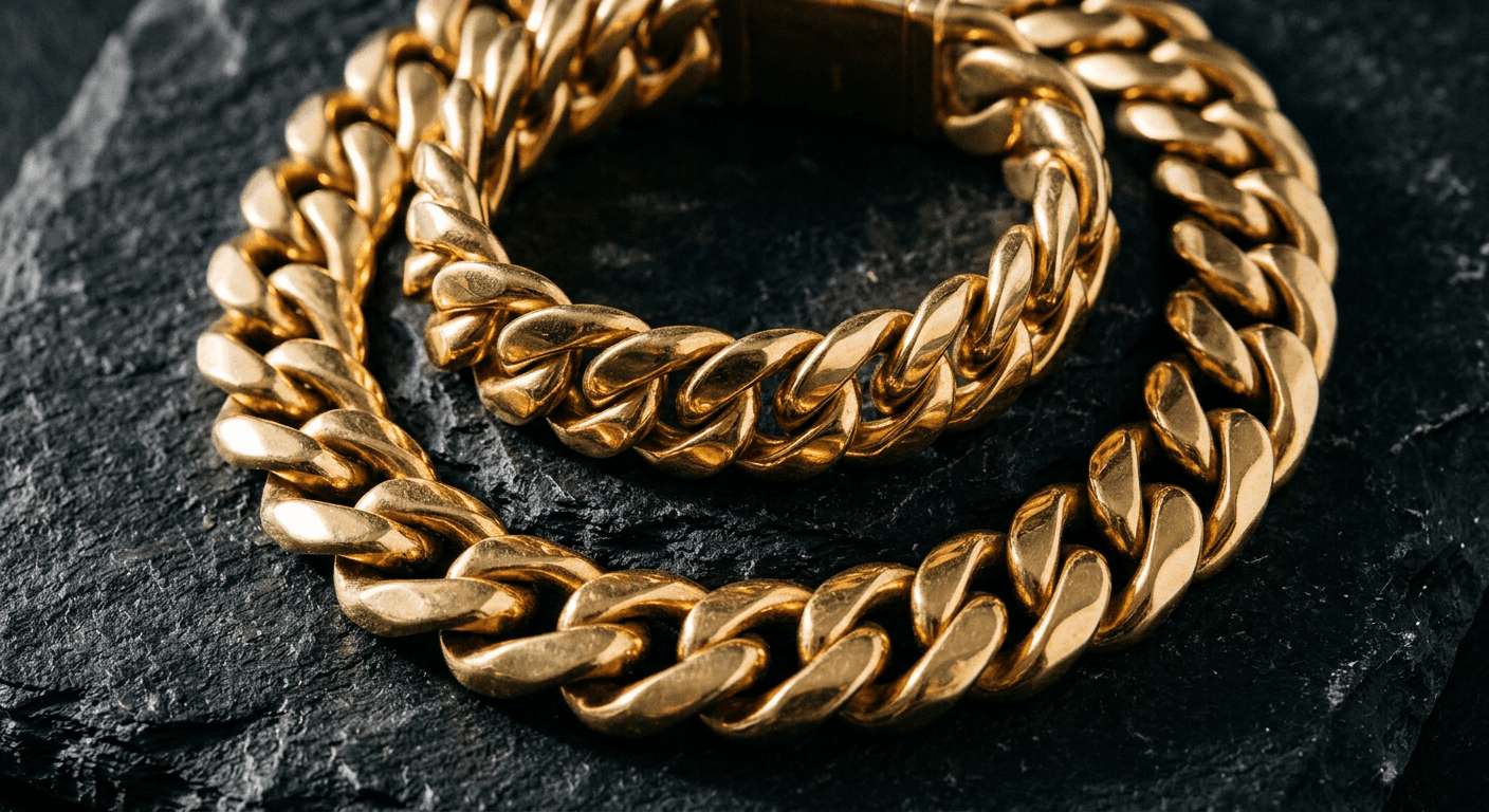 Mens solid gold Cuban chain and bracelet from Jaxxon on dark background for TheCaratCut review