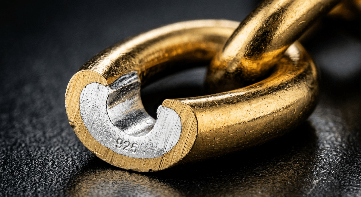 Jaxxon gold bonded chain cross-section showing 14k gold layer over 925 sterling silver construction for TheCaratCut review