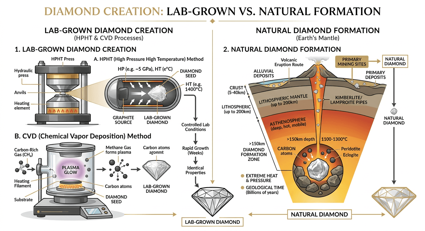 Lab-grown diamond HPHT and CVD process compared to natural diamond geological formation