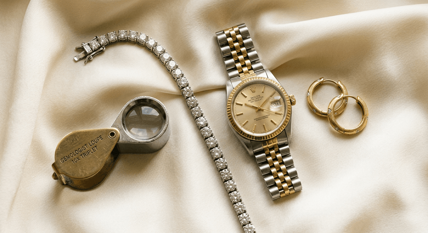 Pre-owned luxury jewelry and designer watches displayed for resale on TheCaratCut MyGemma review