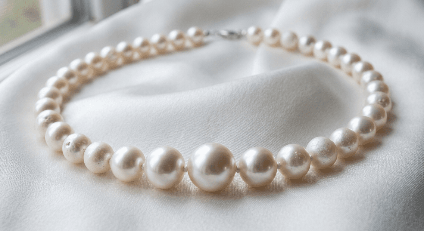 Graduated pearl strand showing different sizes and luster qualities for TheCaratCut pearl value guide