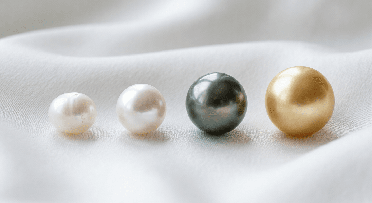 Pearl types comparison showing Freshwater Akoya Tahitian and South Sea pearls with size and luster differences for TheCaratCut