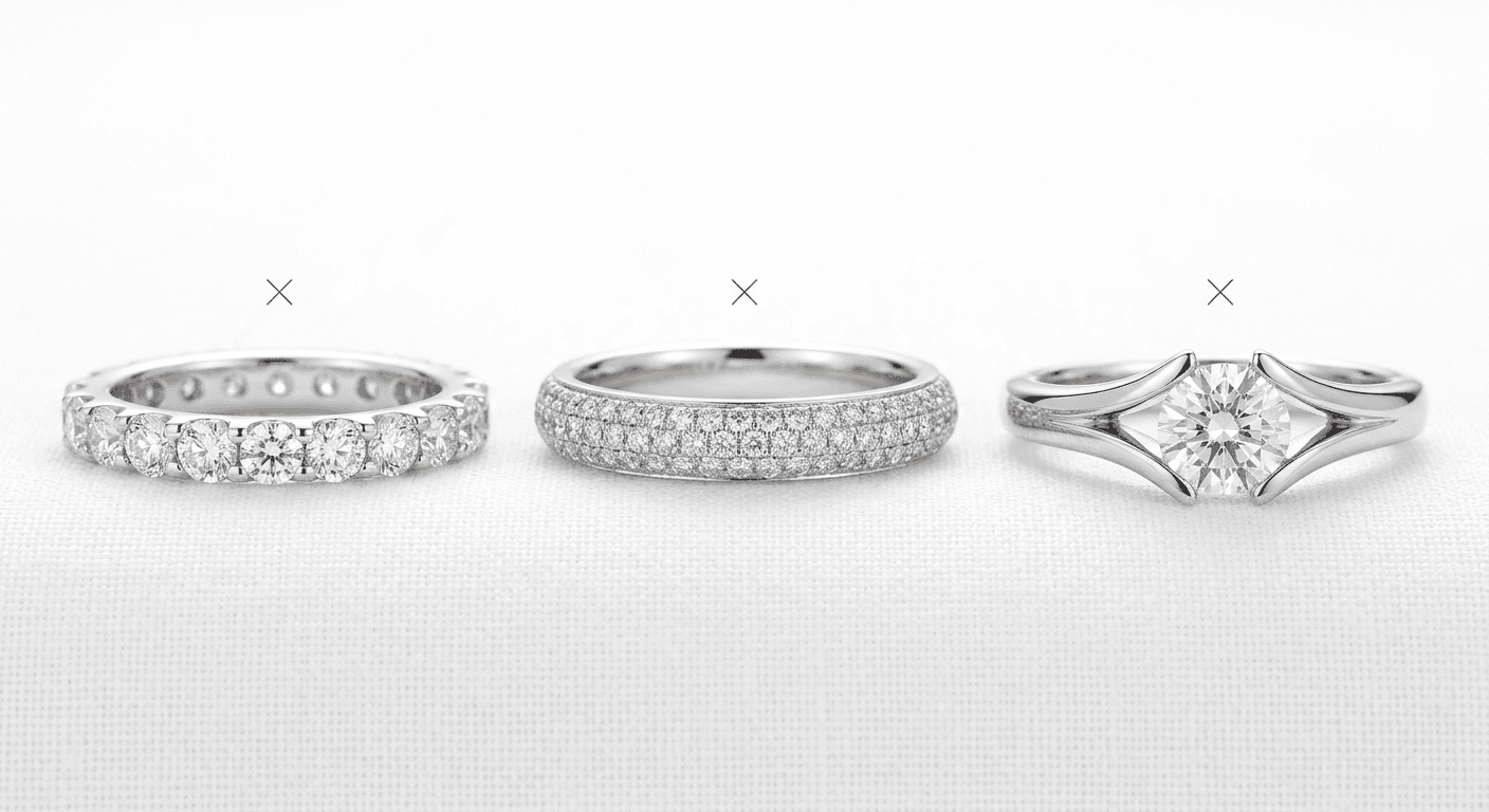Ring types that cannot be resized including eternity band pave setting and tension setting for TheCaratCut resizing guide