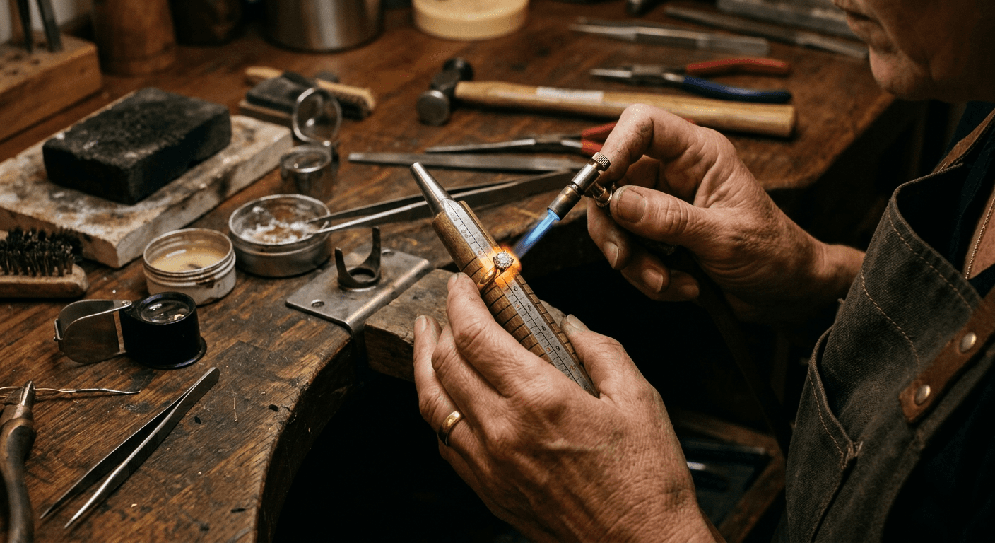 Jeweler resizing a gold ring at professional workbench with soldering tools for TheCaratCut ring resizing cost guide