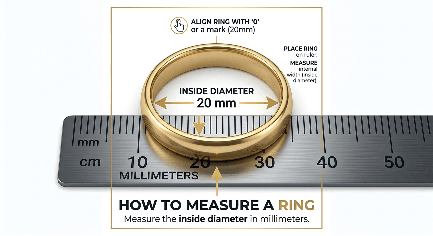 Diagram showing how to measure ring size using an existing ring inside diameter with a ruler for TheCaratCut guide