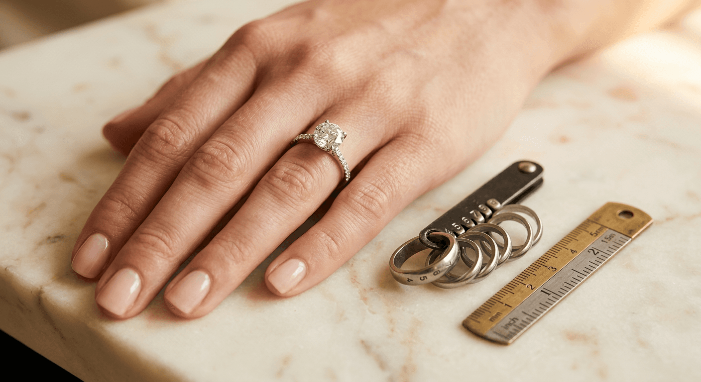 Ring size chart guide with hand, ruler, and ring sizer for accurate measurements on TheCaratCut