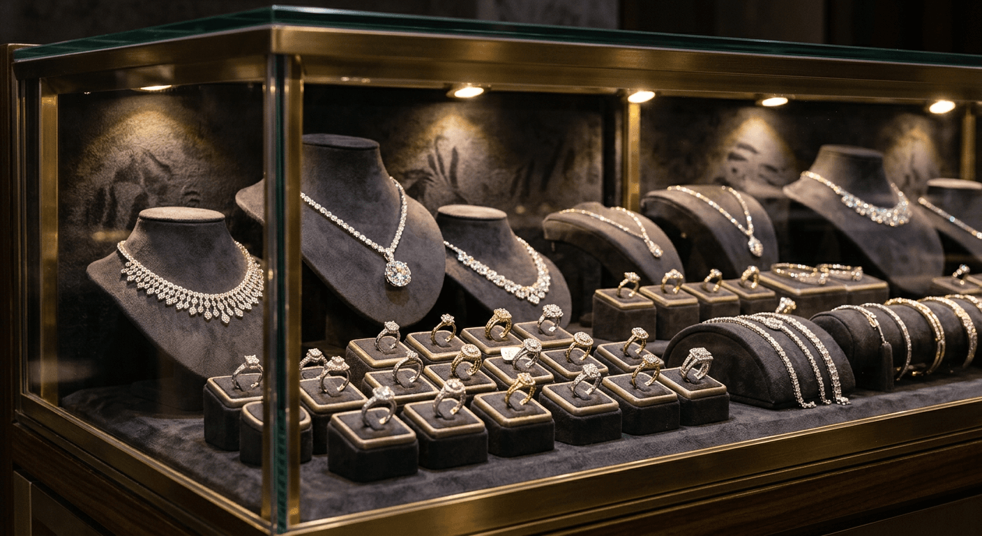 Luxury jewelry store display cases with diamond rings necklaces and watches for TheCaratCut top companies guide