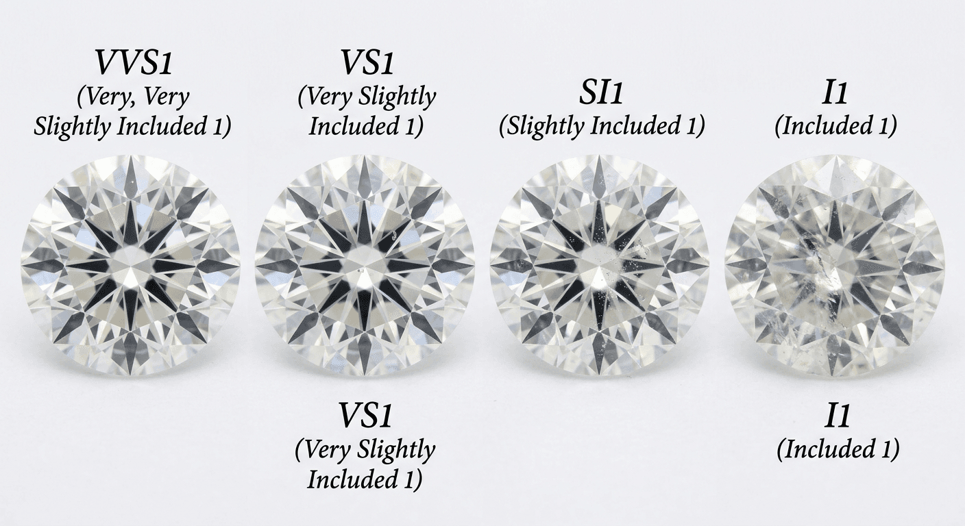 Diamond clarity grade comparison from VVS1 to I1 showing Zales standard commercial grade quality for TheCaratCut review