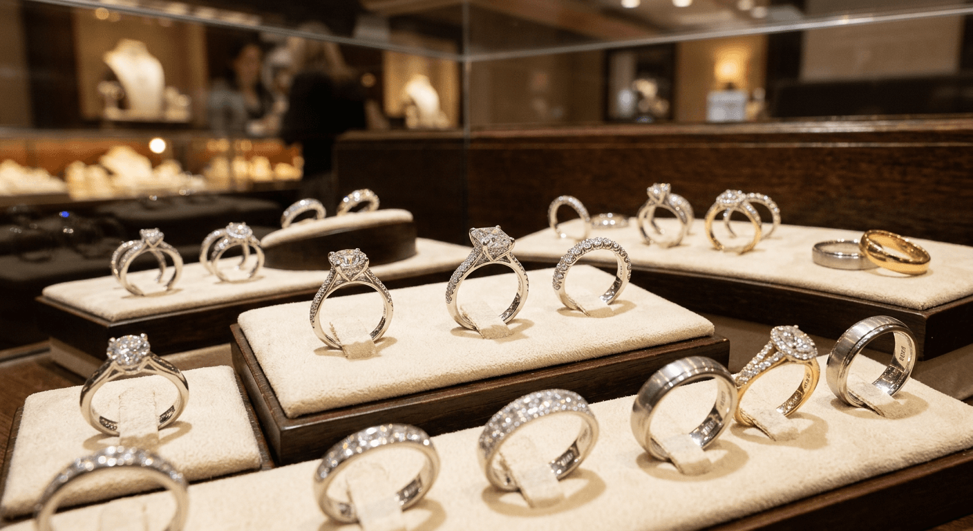 Diamond jewelry in retail display case representing mall jeweler shopping experience for TheCaratCut Zales review