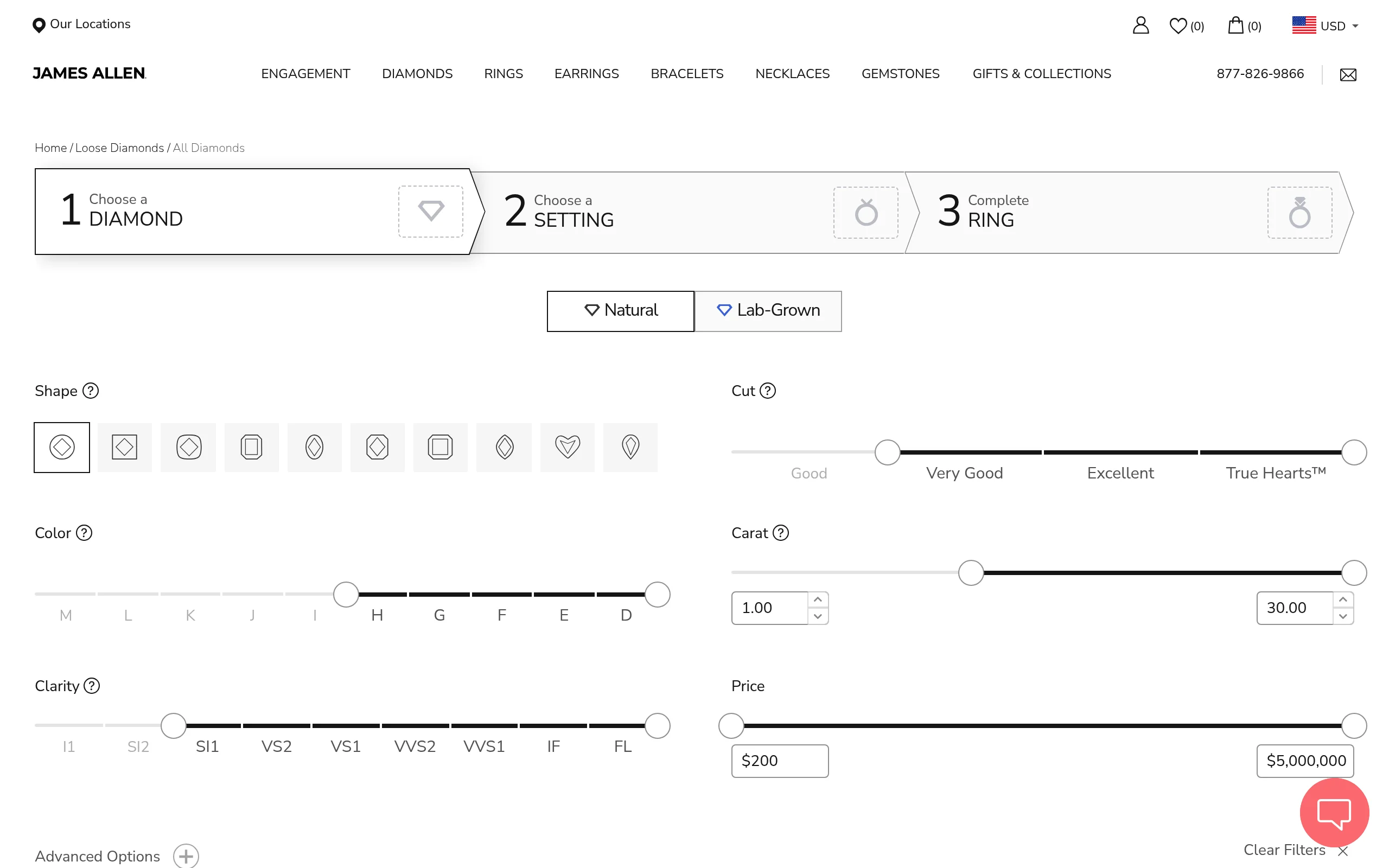 James Allen 2-carat diamond search results with real pricing for TheCaratCut price guide