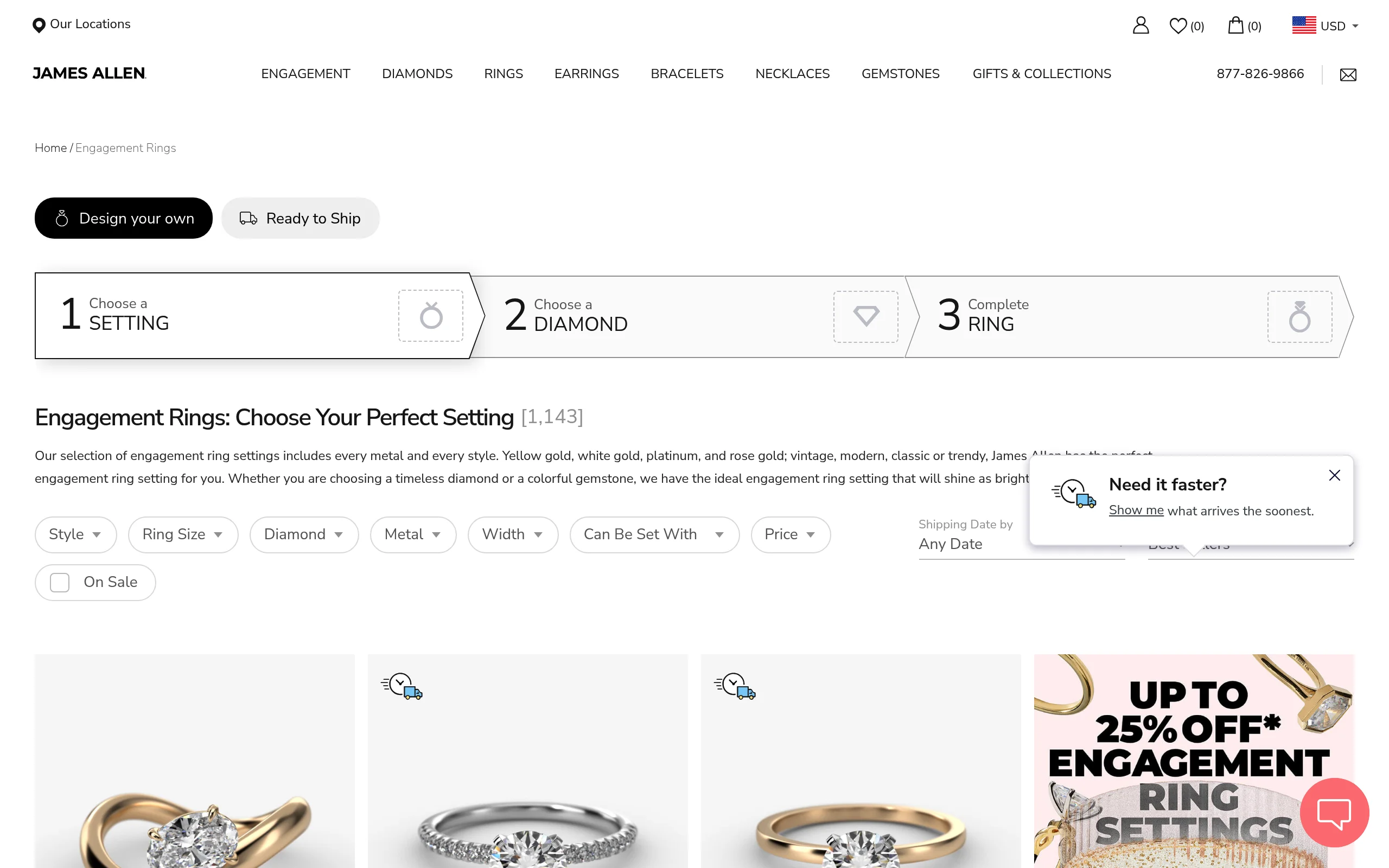 James Allen lab-grown diamond search interface with 360 degree HD video for TheCaratCut