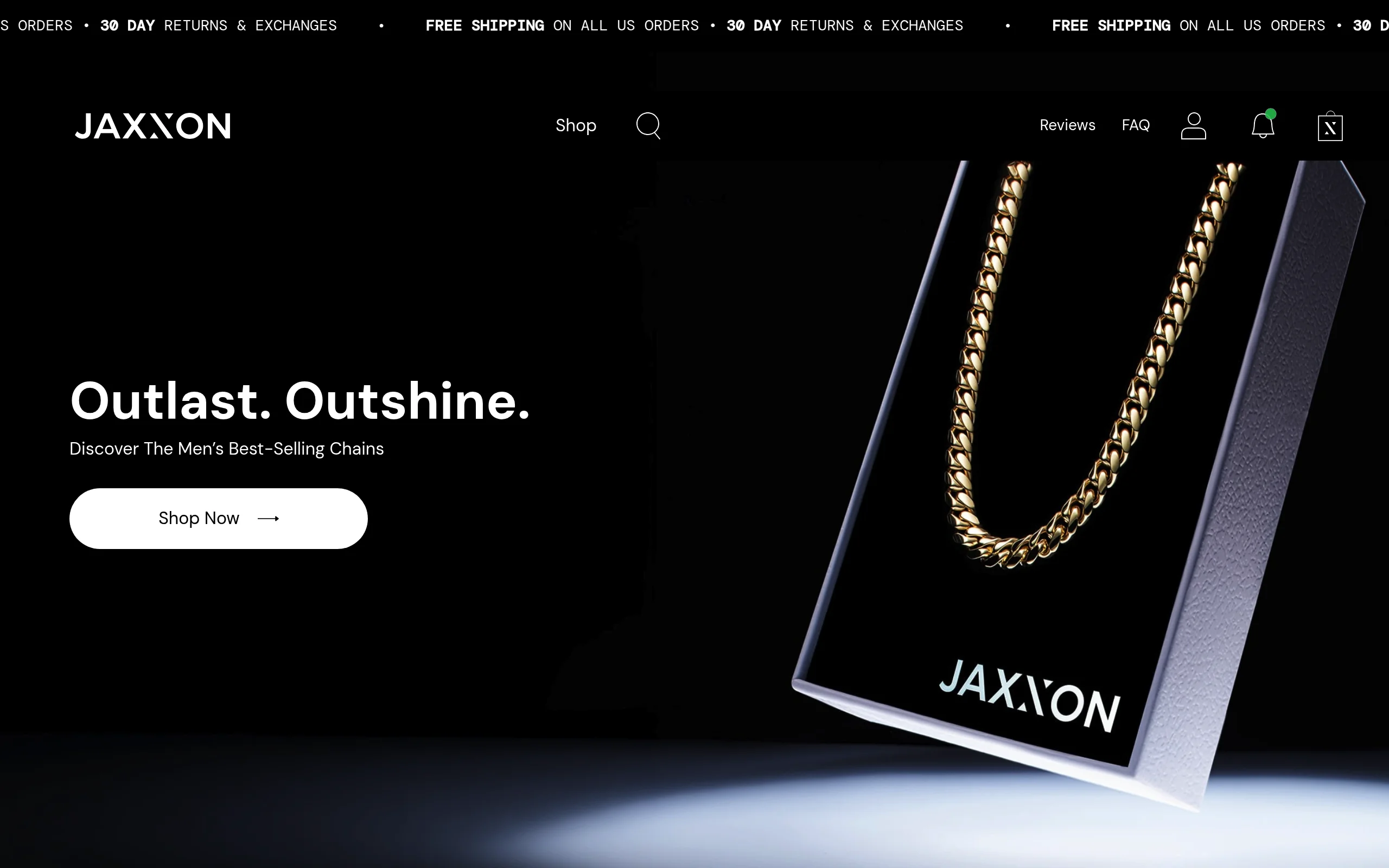 Jaxxon gold chain collection homepage showing Italian crafted chains for TheCaratCut buying guide