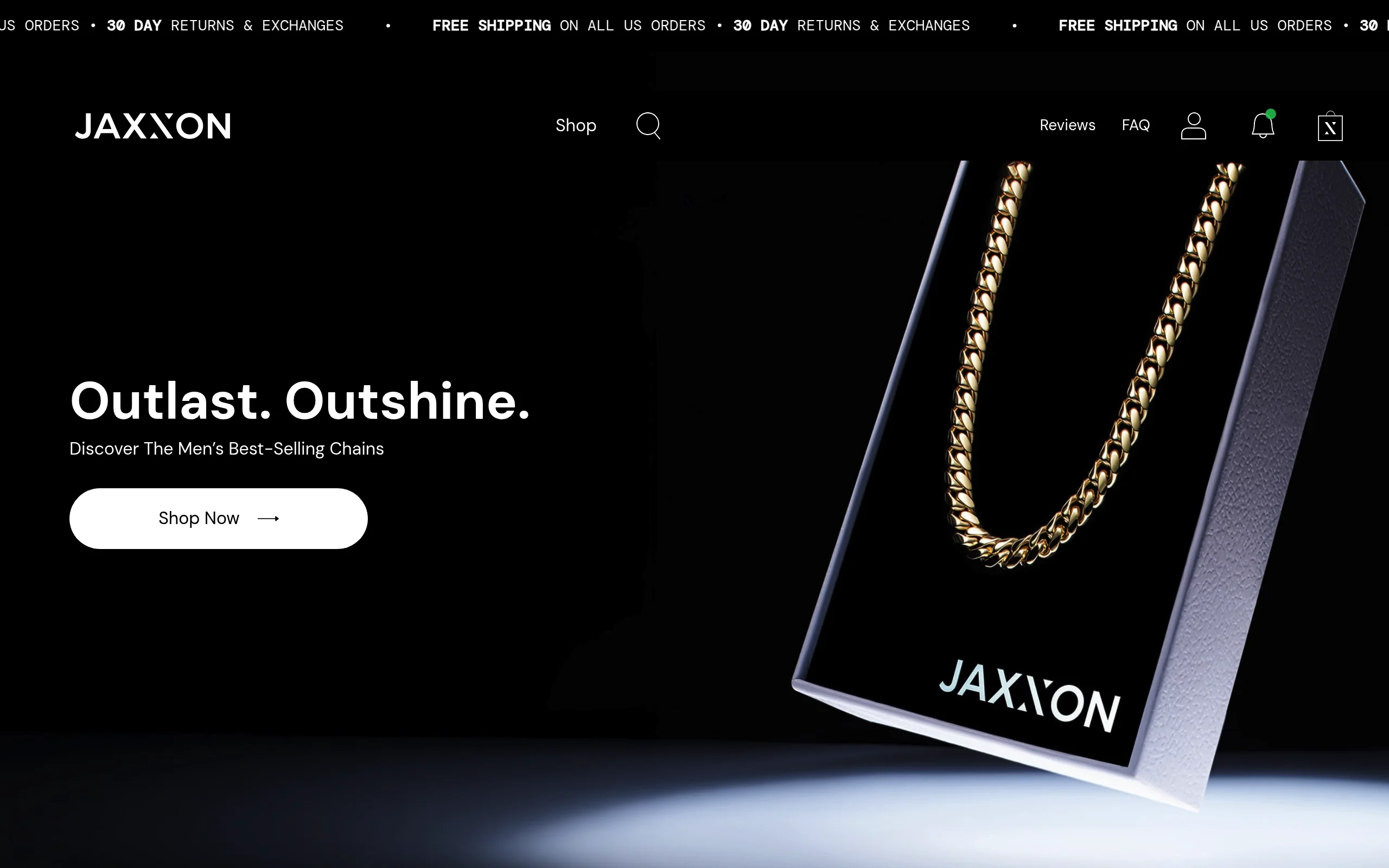 Jaxxon website showing mens gold bonded chain and bracelet collections for TheCaratCut review