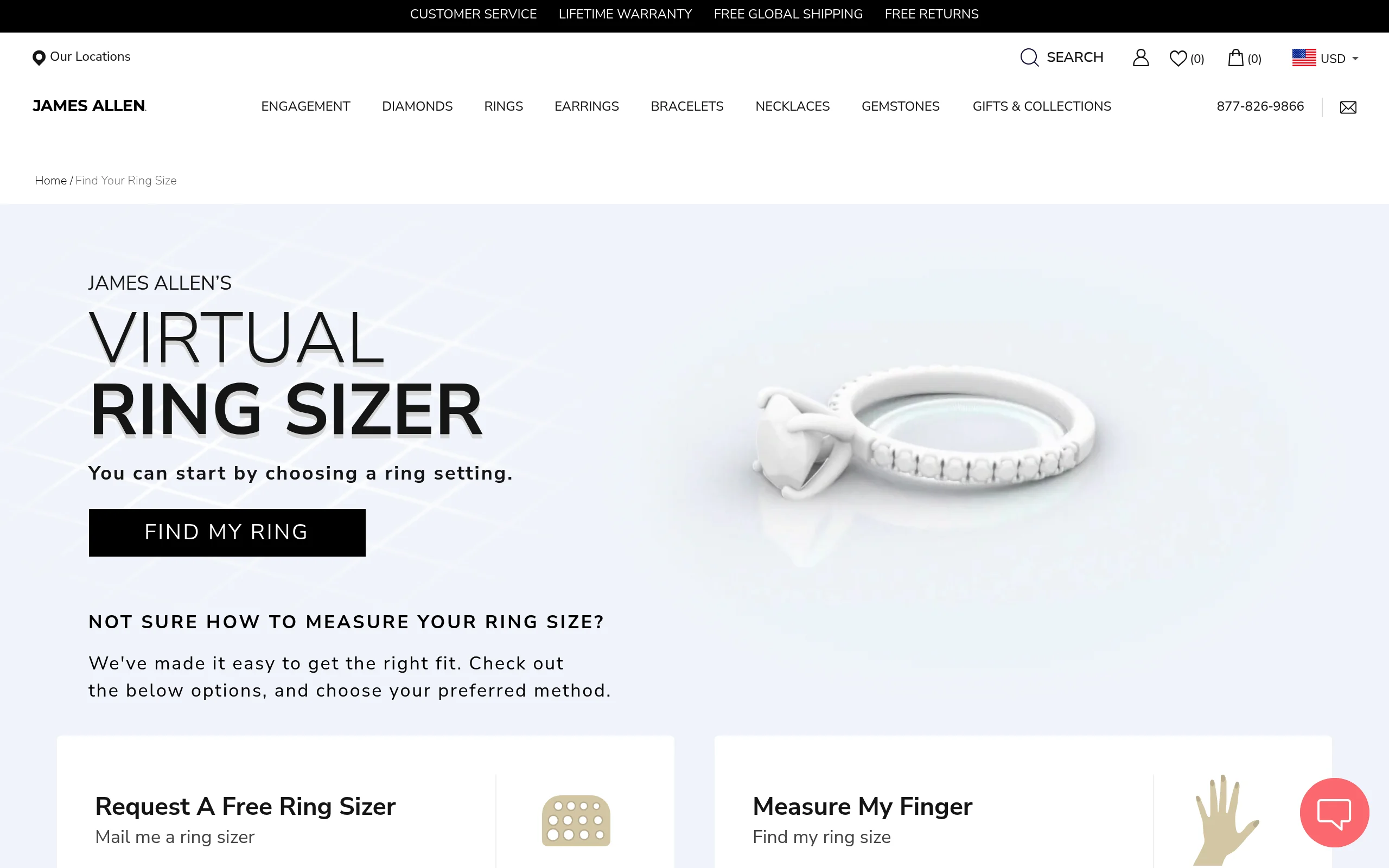 James Allen homepage featuring their 360-degree diamond viewer and engagement ring builder