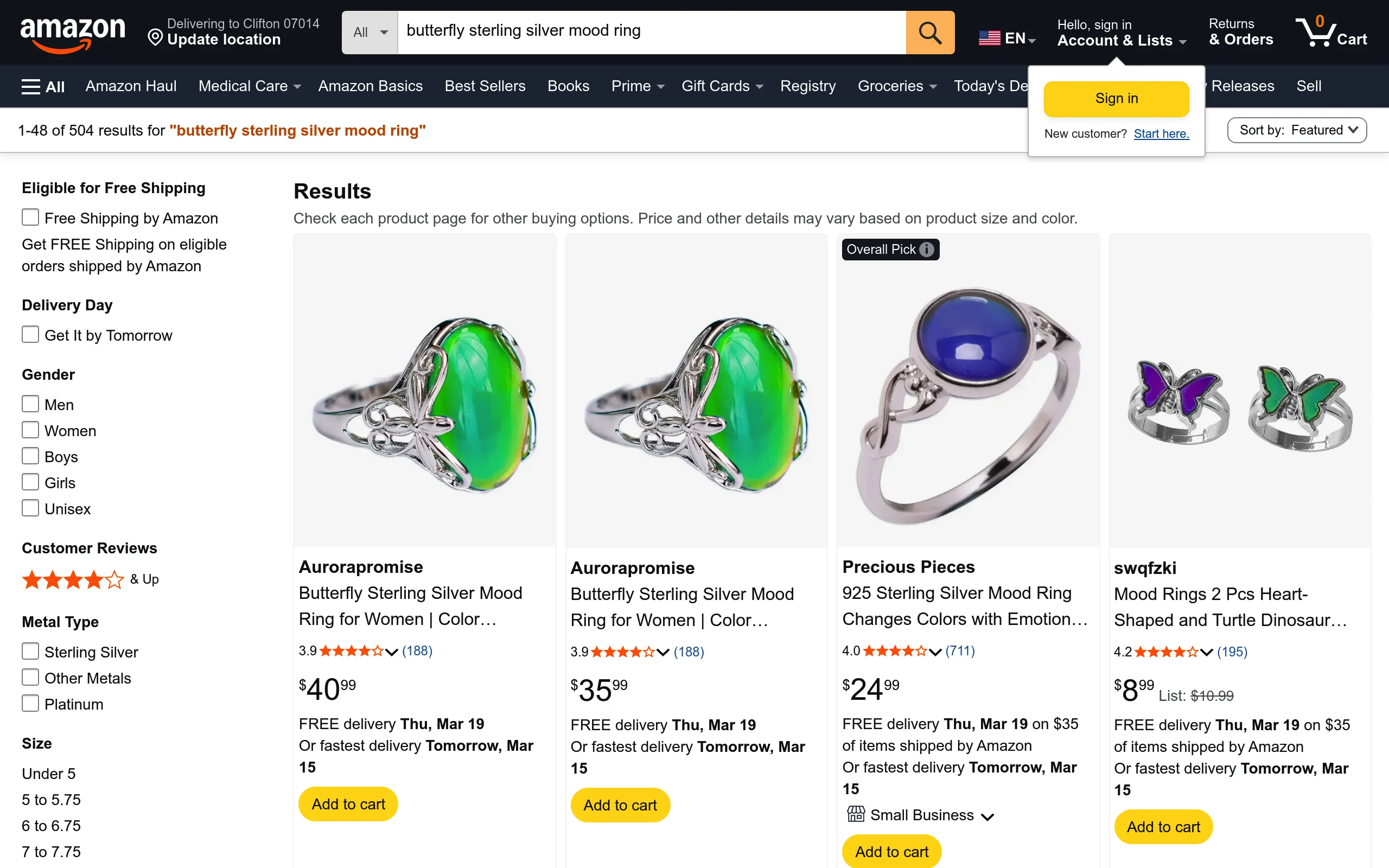 Amazon butterfly sterling silver mood ring product listing for TheCaratCut mood ring guide