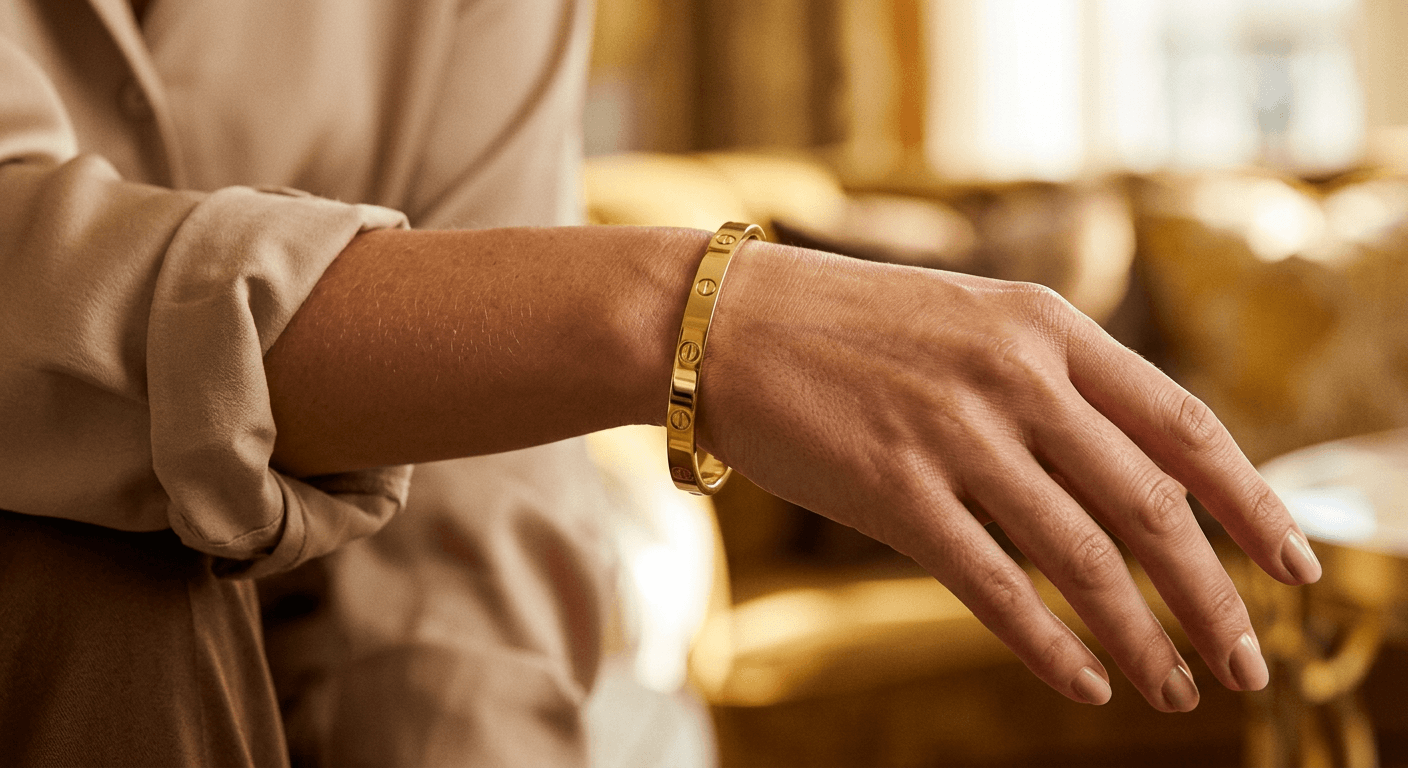 Gold bangle bracelet in Cartier Love style on wrist showcasing affordable alternative for TheCaratCut dupe guide