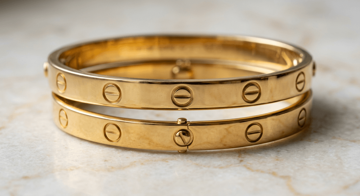 Cartier Love bracelet original vs affordable dupe comparison showing screw vs hinge mechanism for TheCaratCut