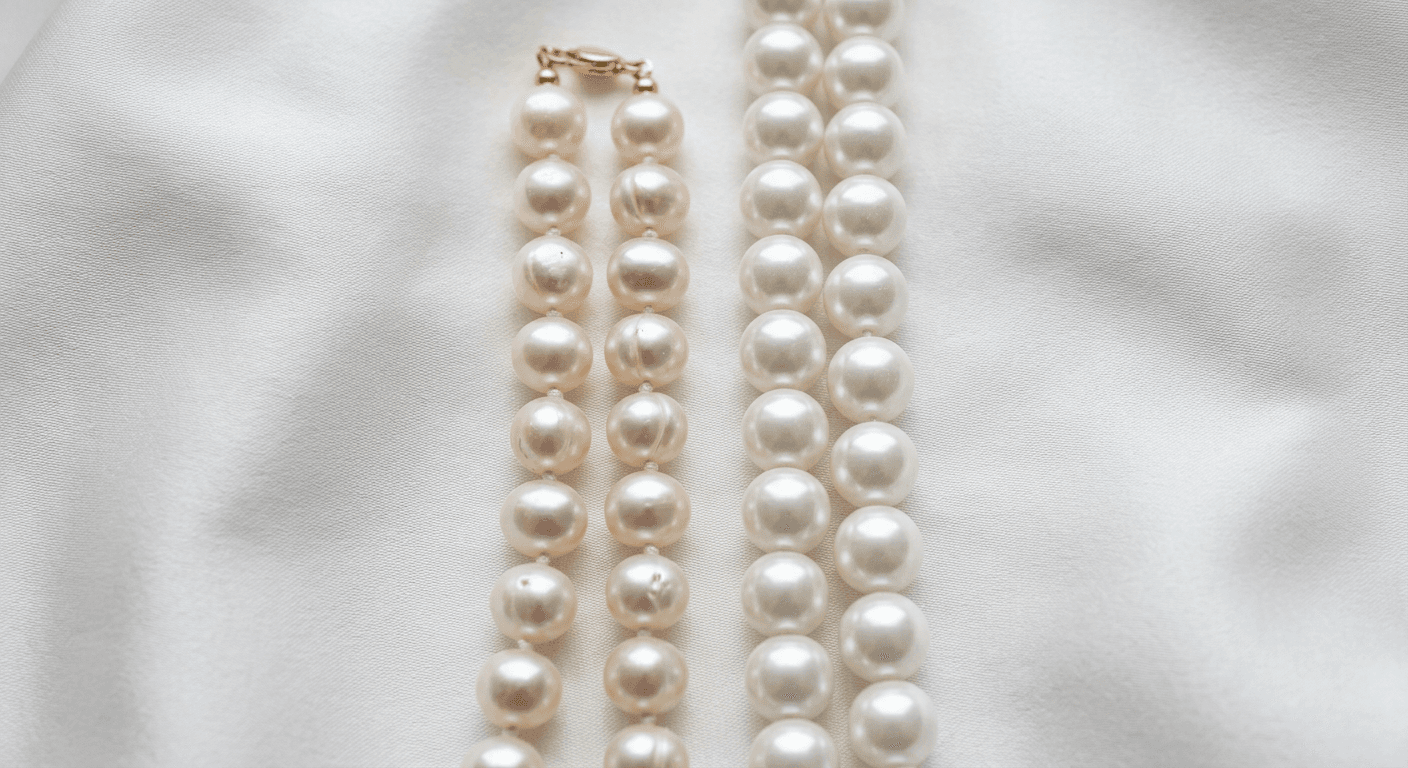 Real cultured pearls compared to fake imitation pearls showing luster and surface differences for TheCaratCut guide