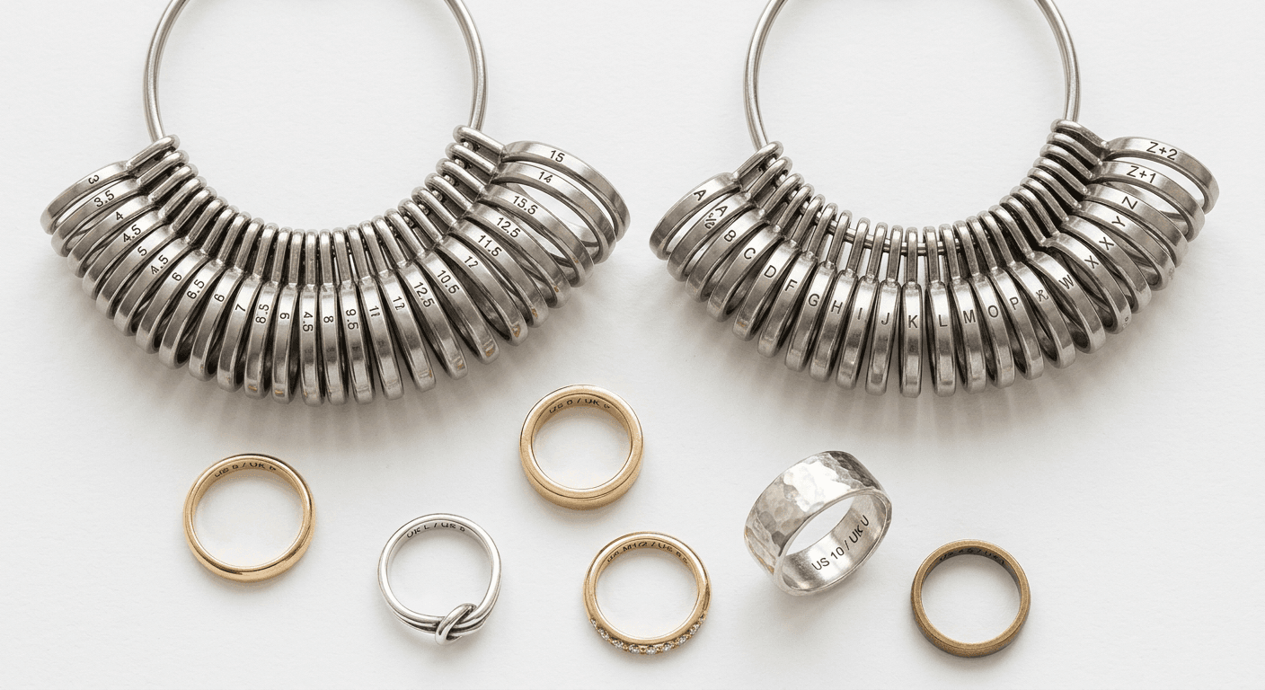 International ring sizing tools and conversion chart showing US UK and European ring size standards for TheCaratCut
